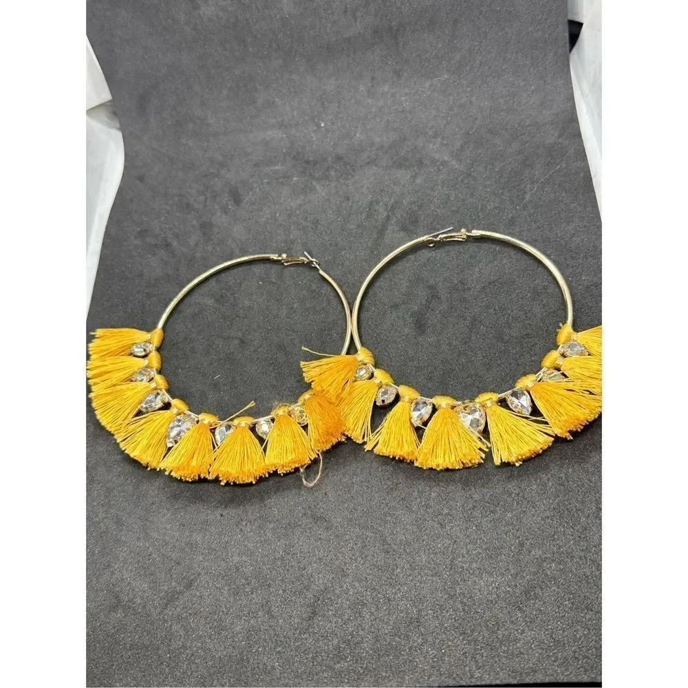 Beautiful Large Boho Gold tone Earrings Pompoms Juliet with large rhinestones